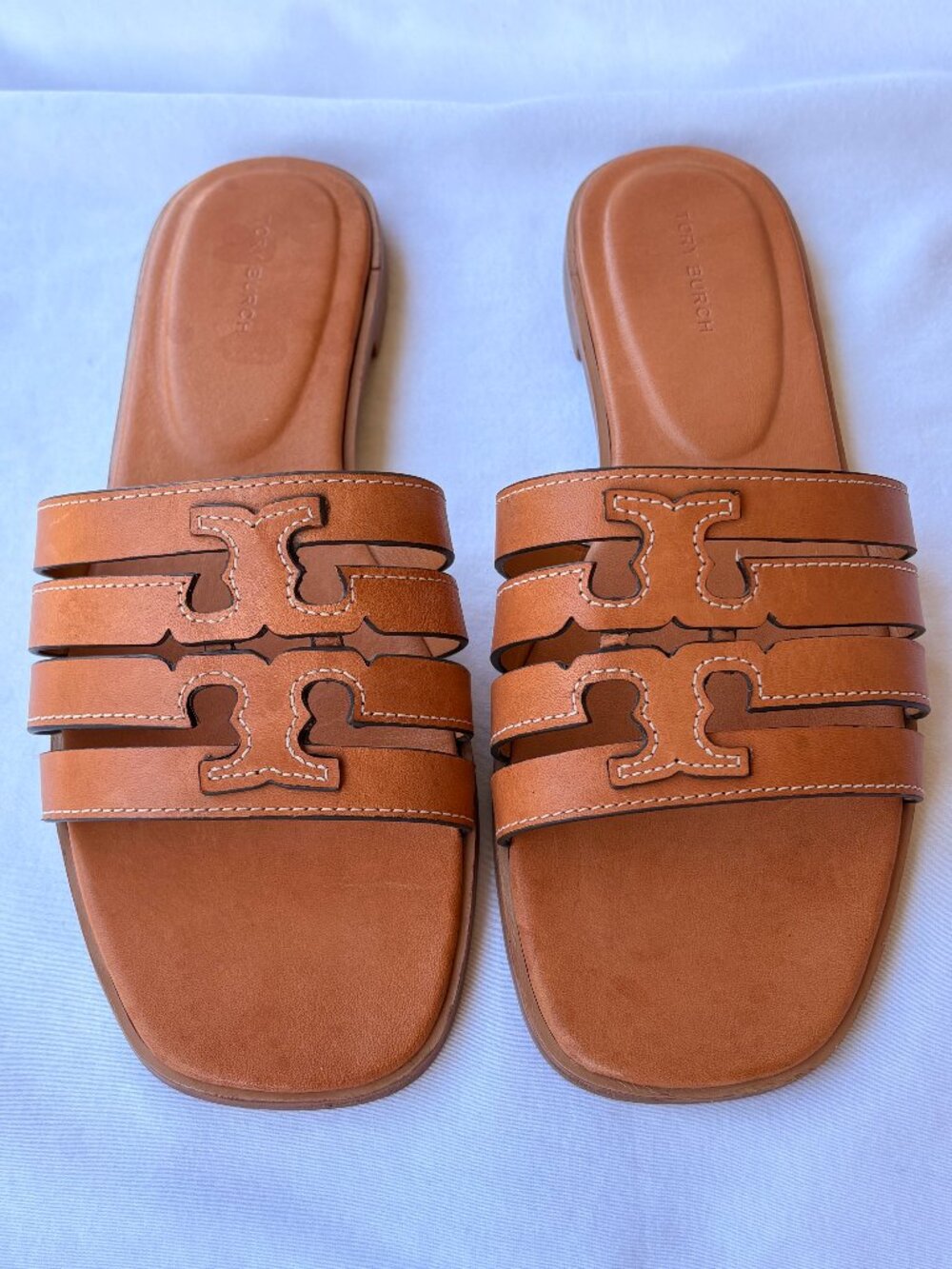 Tory Burch Ines Cage Slide Sandals Camello Vachetta Leather Size 8 + Box
